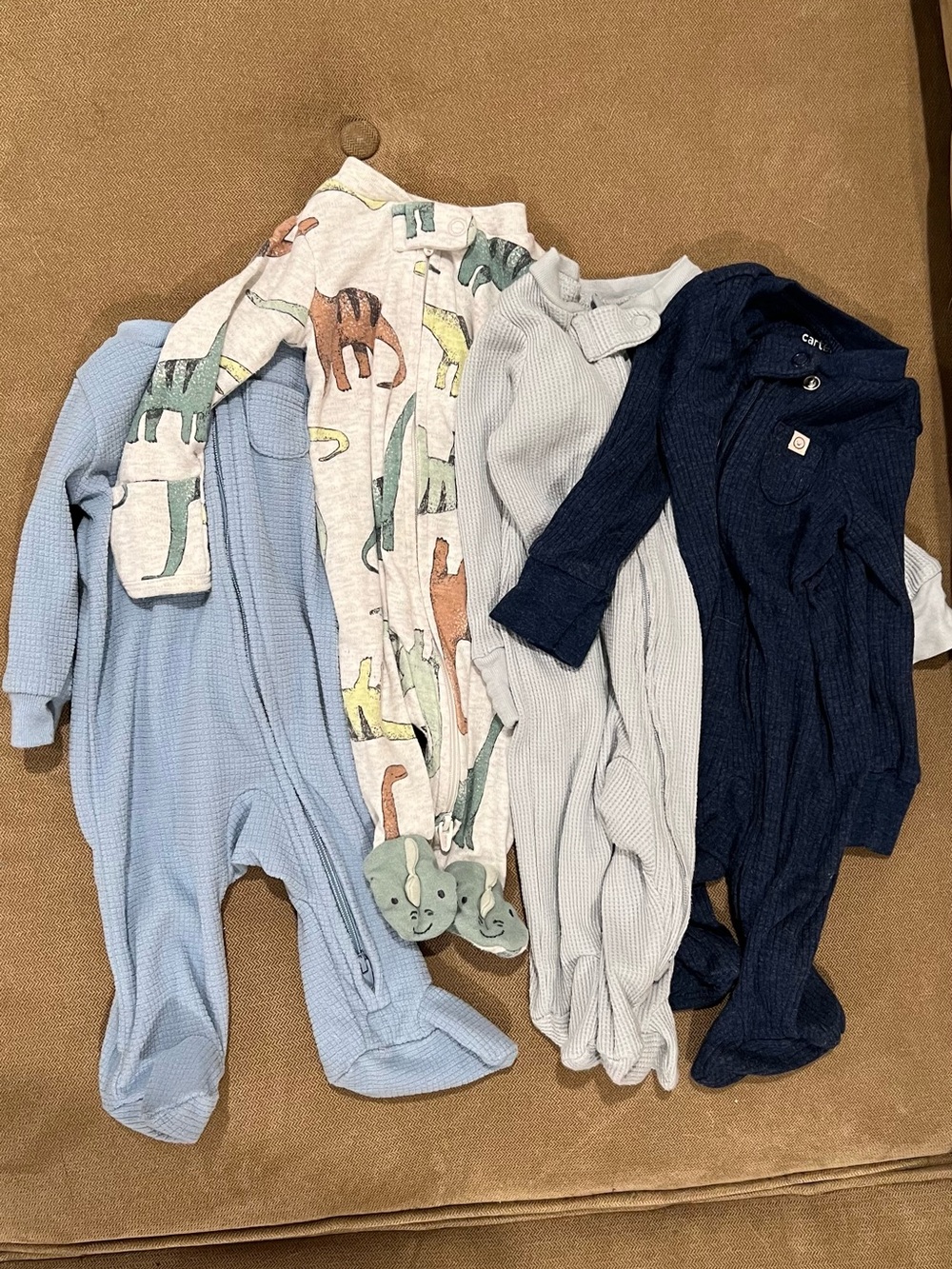 Carter's Bundle off 4 Footies in Dino Print, Blue, Grey, and Navy